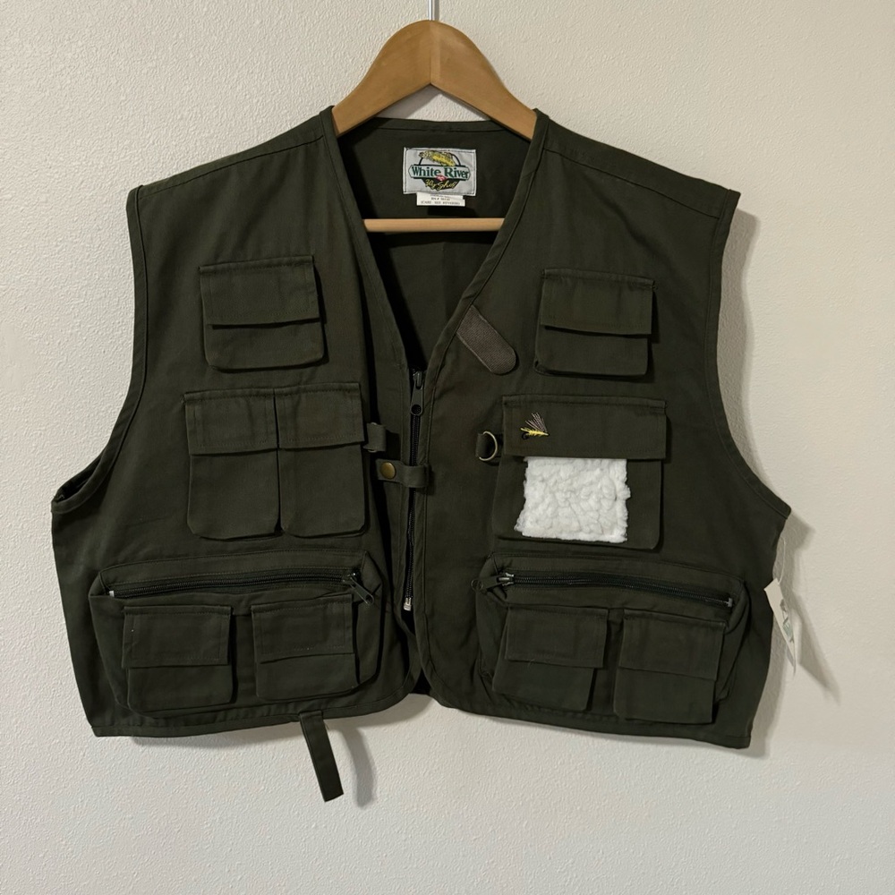 White River Fishing Vest Army Green Utility Pockets Rod Holder Cotton NWT XL